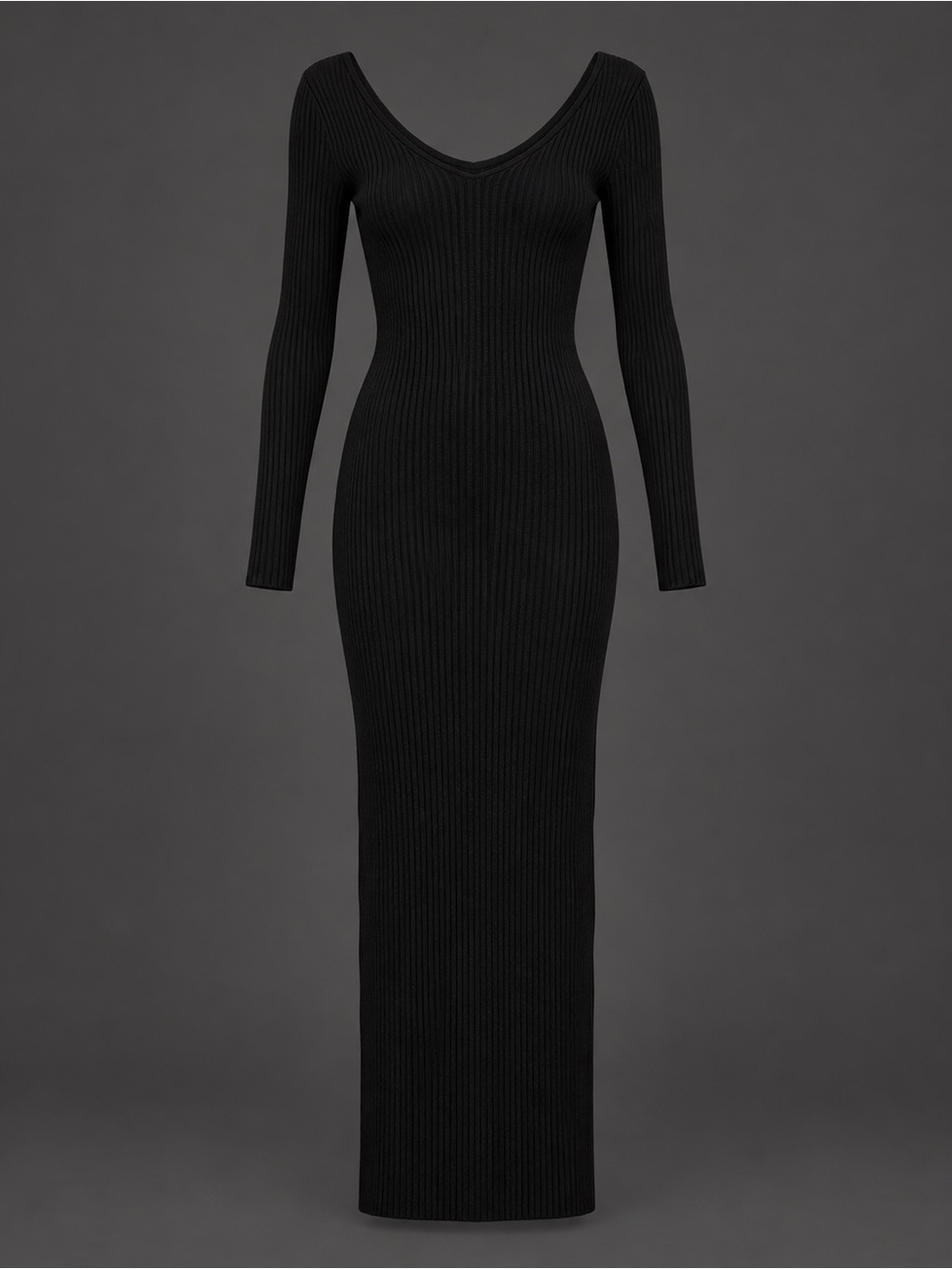 Fashion Nova Black Ribbed V‑Neck Long Sleeve Maxi Dress